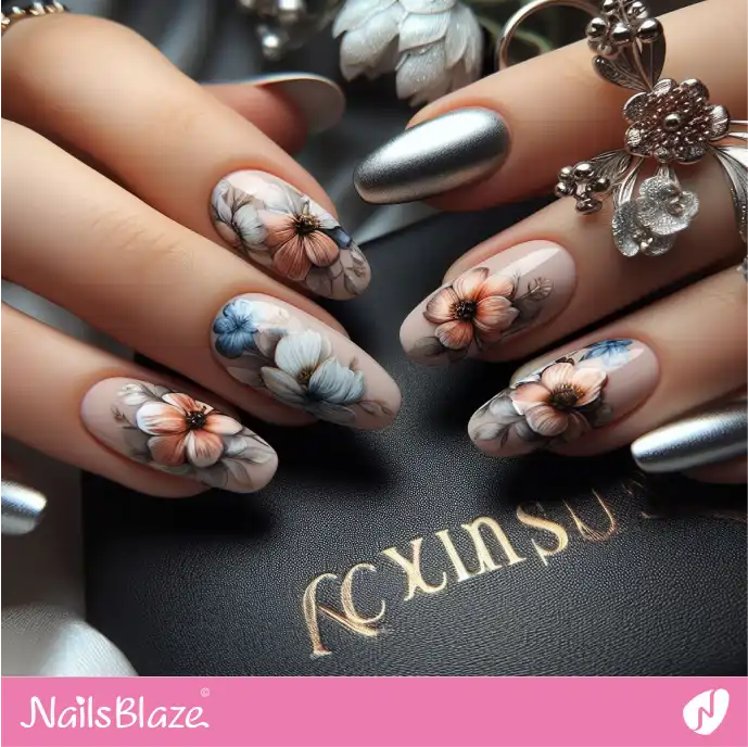 Luxury Silver and Nude Nails with Watercolor Design | Paint Nail Art - NB2239